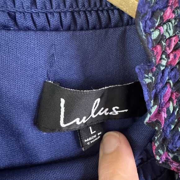 Lulus Evalina Midi Dress Womens Large Navy Blue Floral Smocked Ruffles Flowy - Picture 6 of 15